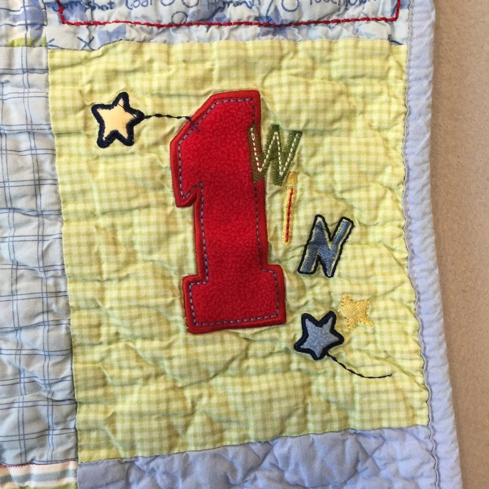 Carters Child of Mine Baby Quilt Blanket Blue Sports Puppy Patchwork Cotton